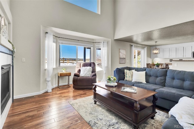 living room with a notable chandelier and hardwood / wood-style flooring