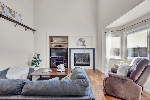 living room with a tile fireplace and light hardwood / wood-style flooring