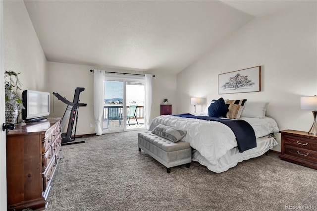 bedroom featuring vaulted ceiling, carpet, and access to outside