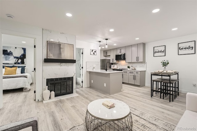 living room with sink, a high end fireplace, and light hardwood / wood-style flooring