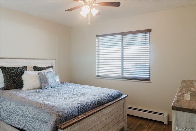 bedroom featuring ceiling fan, dark hardwood / wood-style flooring, and a baseboard radiator