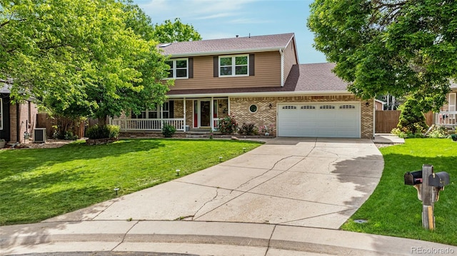 12414 Clayton Way, Thornton, CO 80241 - traditional-style house featuring an attached garage, driveway, brick siding, covered porch, and central air condition unit