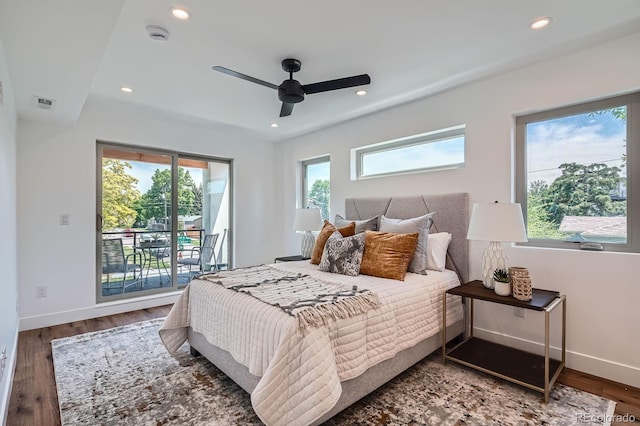 4474 Utica St, Denver, CO 80212 - bedroom featuring access to exterior, wood finished floors, recessed lighting, and a ceiling fan