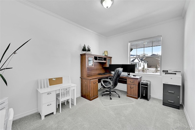 carpeted home office with ornamental molding