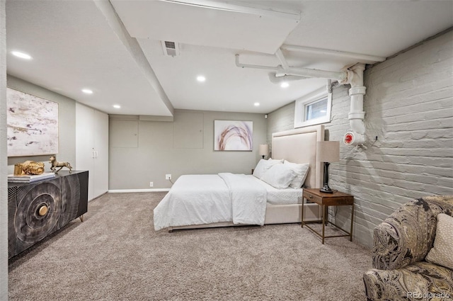 1532 Meade St, Denver, CO 80204 - bedroom with carpet flooring, recessed lighting, baseboards, and brick wall
