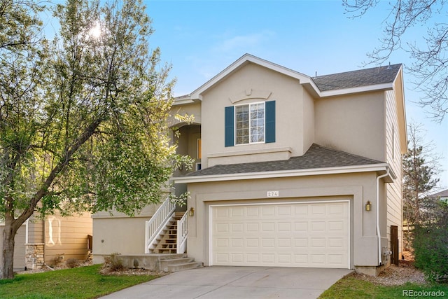 274 W Willowick Cir, Highlands Ranch, CO 80129 - traditional home featuring a garage, concrete driveway, roof with shingles, and stairs