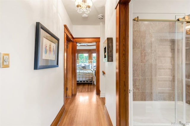506 N Marion St, Denver, CO 80218 - hall featuring light wood-style flooring, a chandelier, and baseboards