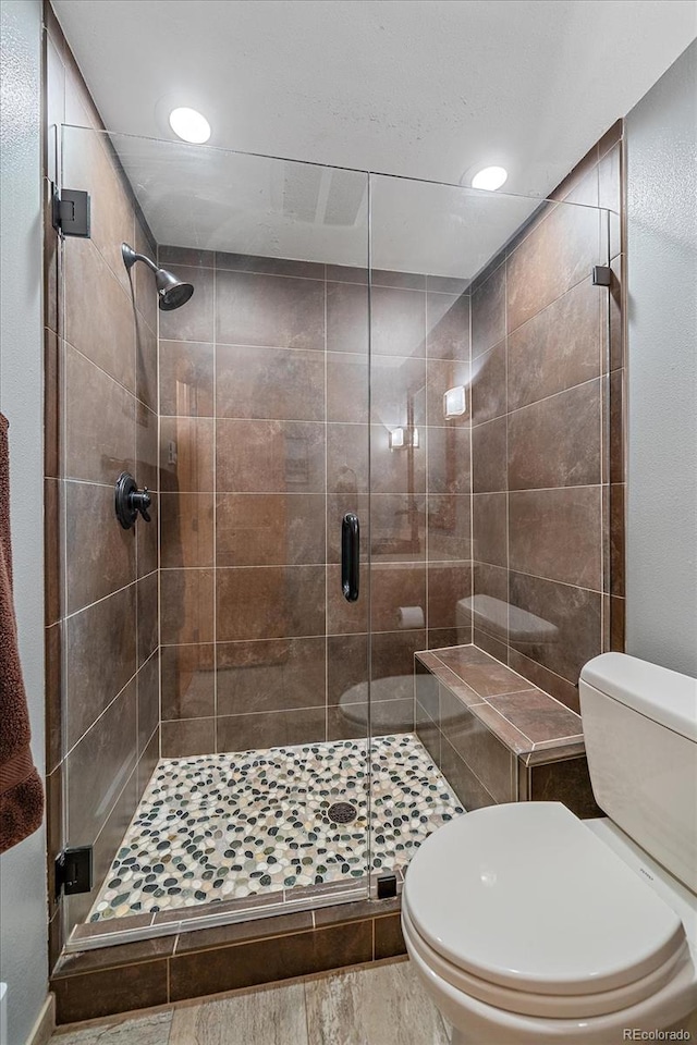 bathroom featuring a stall shower and toilet