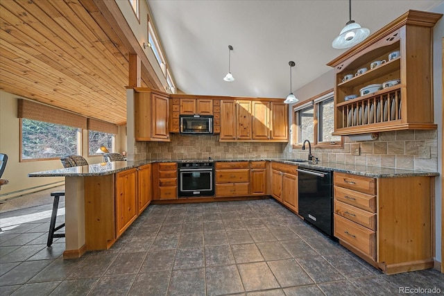 kitchen with tasteful backsplash, wall oven, a sink, dishwasher, and a peninsula