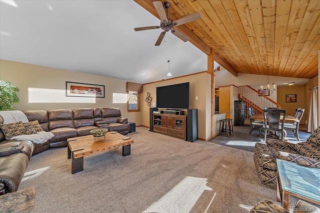 living area featuring carpet, stairway, vaulted ceiling, wooden ceiling, and ceiling fan with notable chandelier