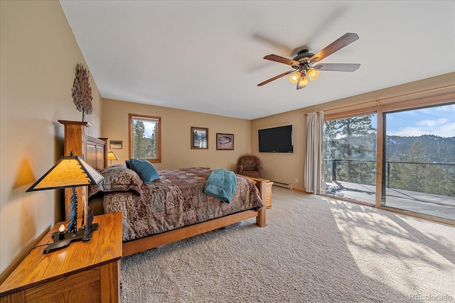 bedroom with a ceiling fan, access to outside, baseboards, and carpet