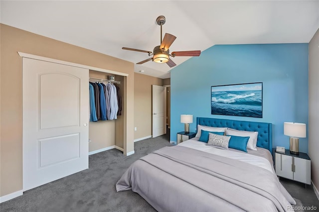 bedroom with carpet floors, a ceiling fan, baseboards, vaulted ceiling, and a closet
