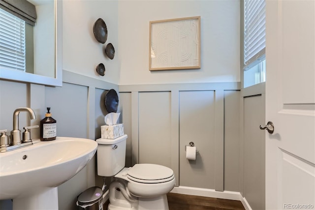 14133 Deertrack Ln, Parker, CO 80134 - bathroom featuring a sink, a decorative wall, toilet, wood finished floors, and a wainscoted wall