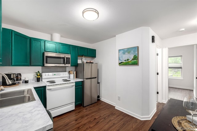 1803 E 36th Ave, Denver, CO 80205 - kitchen with appliances with stainless steel finishes, a sink, dark wood finished floors, and light countertops
