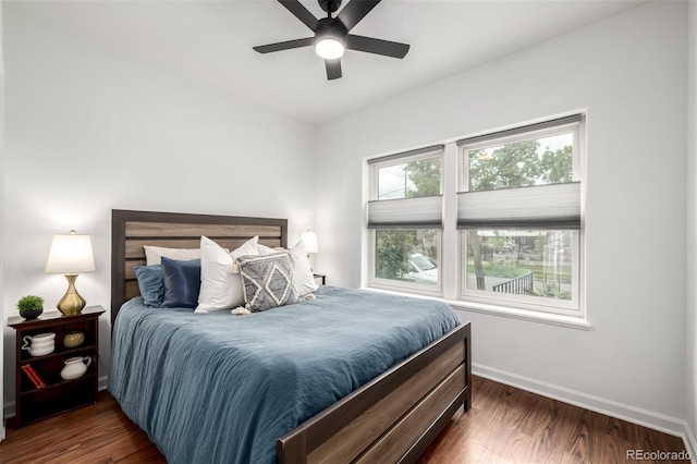 1803 E 36th Ave, Denver, CO 80205 - bedroom with baseboards, dark wood finished floors, and a ceiling fan