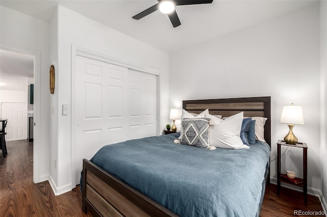1803 E 36th Ave, Denver, CO 80205 - bedroom with wood finished floors, a closet, baseboards, and a ceiling fan
