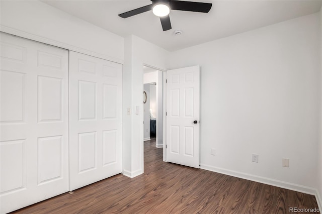 1803 E 36th Ave, Denver, CO 80205 - unfurnished bedroom featuring baseboards, wood finished floors, a closet, and ceiling fan
