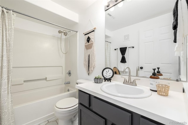 1803 E 36th Ave, Denver, CO 80205 - bathroom featuring vanity, shower / bathtub combination with curtain, toilet, and tile patterned floors