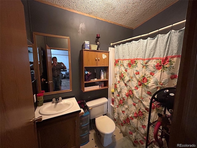 1130 Denver Ave, Saguache, CO 81149 - bathroom with vanity, a textured ceiling, and a shower with curtain