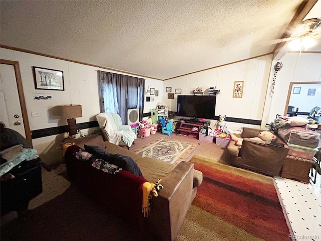1130 Denver Ave, Saguache, CO 81149 - carpeted living area with vaulted ceiling, crown molding, a textured ceiling, and ceiling fan