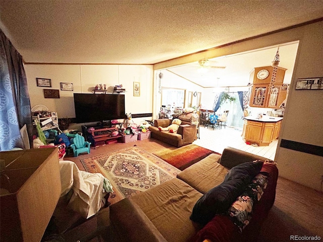 1130 Denver Ave, Saguache, CO 81149 - living room featuring a textured ceiling, crown molding, and a ceiling fan