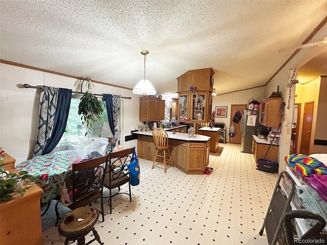 1130 Denver Ave, Saguache, CO 81149 - dining room with a textured ceiling, crown molding, and lofted ceiling