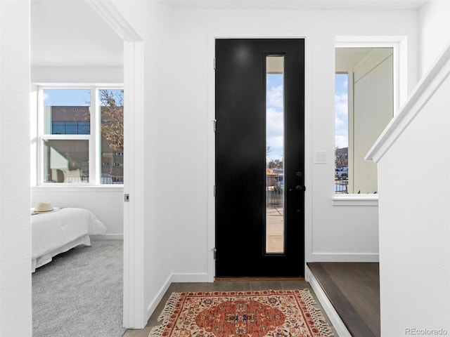 foyer with wood finished floors, plenty of natural light, and baseboards