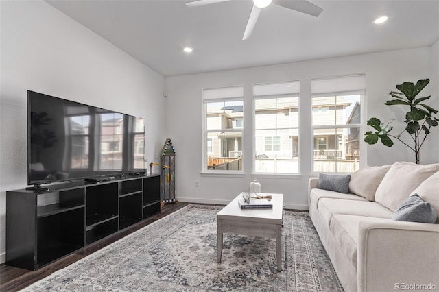 living area with a healthy amount of sunlight, baseboards, wood finished floors, and recessed lighting