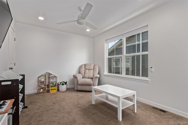 recreation room featuring visible vents, baseboards, ceiling fan, carpet, and recessed lighting