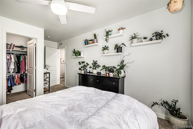 bedroom with carpet flooring, a ceiling fan, baseboards, a closet, and a walk in closet