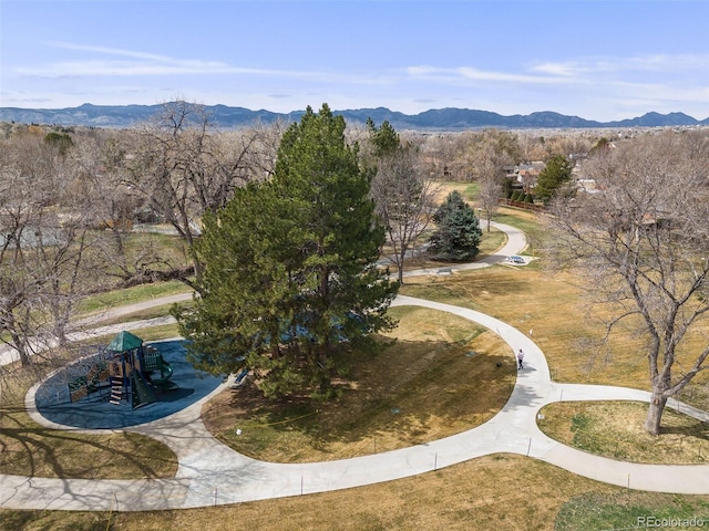 view of community featuring a mountain view and playground community