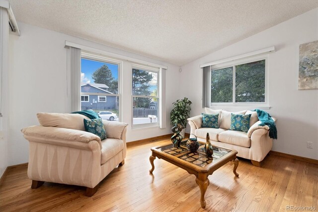 11131 Seton Pl, Westminster, CO 80031 - living room featuring plenty of natural light, a textured ceiling, light wood-style floors, lofted ceiling, and baseboards
