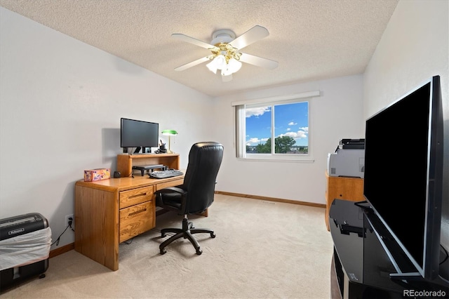 11131 Seton Pl, Westminster, CO 80031 - office area featuring light carpet, baseboards, ceiling fan, and a textured ceiling