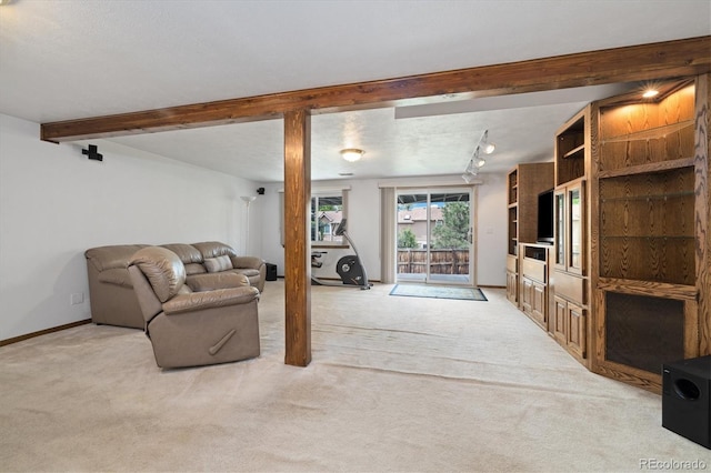 11131 Seton Pl, Westminster, CO 80031 - living area featuring light colored carpet, beam ceiling, baseboards, and track lighting