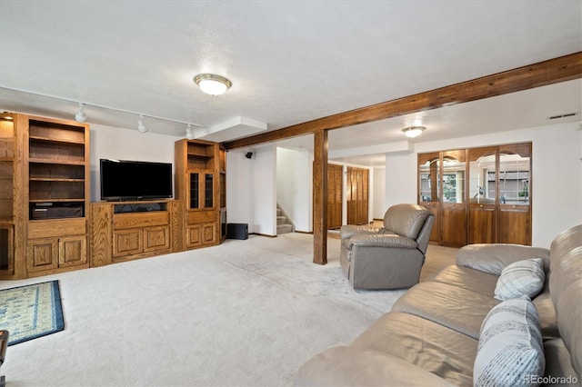 11131 Seton Pl, Westminster, CO 80031 - living area with stairway, light colored carpet, and beamed ceiling