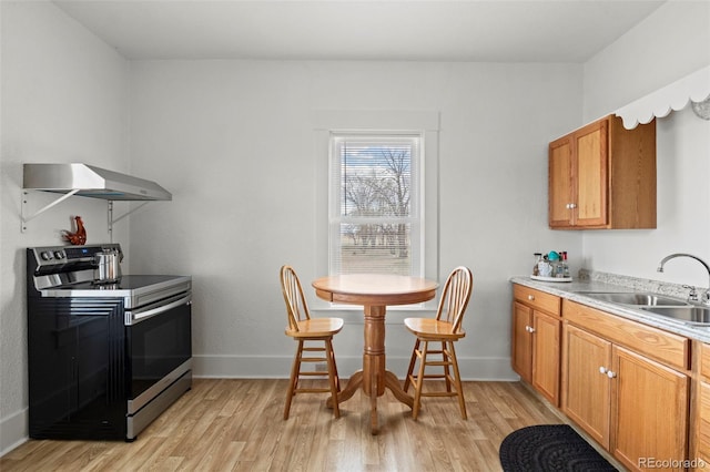 kitchen featuring electric range, a sink, light wood finished floors, brown cabinetry, and ventilation hood