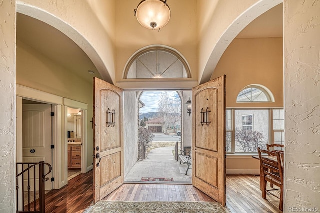 foyer entrance featuring wood-type flooring, a towering ceiling, and a healthy amount of sunlight