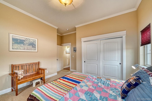 bedroom with light carpet, a closet, and crown molding