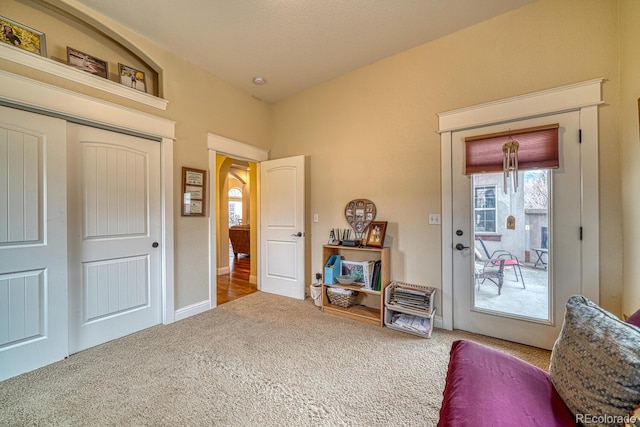 living area with carpet floors