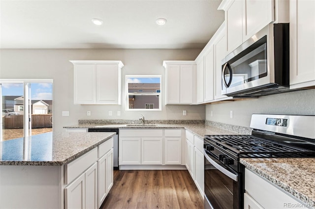 974 Cascade Falls St, Severance, CO 80550 - kitchen featuring stainless steel appliances, wood finished floors, white cabinets, recessed lighting, and light stone counters