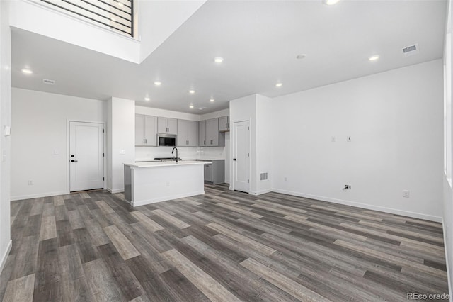 kitchen featuring a sink, stainless steel microwave, visible vents, an island with sink, and gray cabinetry