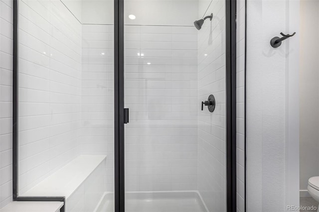 bathroom with toilet and a stall shower