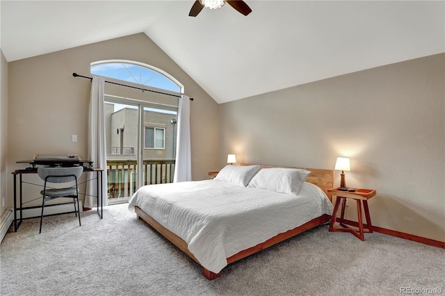 bedroom featuring lofted ceiling, access to exterior, carpet flooring, baseboards, and ceiling fan