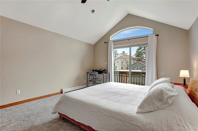 bedroom with a baseboard heating unit, carpet, baseboards, access to exterior, and vaulted ceiling