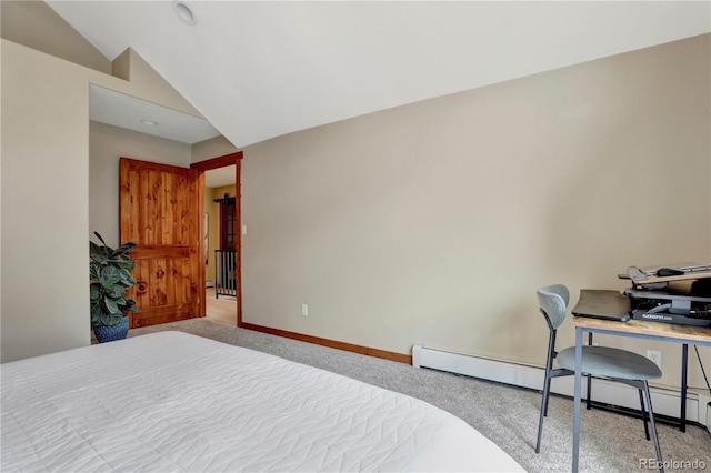 bedroom featuring a baseboard radiator, lofted ceiling, baseboards, and carpet flooring