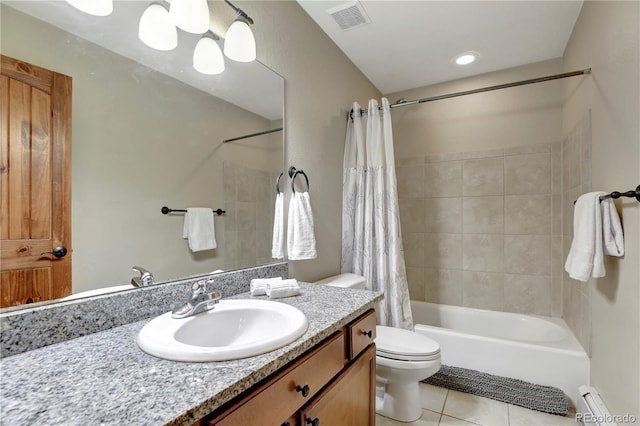 bathroom featuring visible vents, toilet, shower / bath combo, tile patterned floors, and vanity