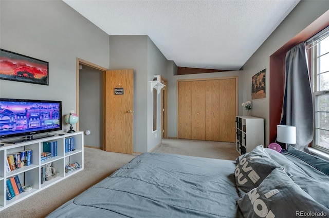 3831 Smoke Tree Dr, Colorado Springs, CO 80920 - carpeted bedroom with a closet, a textured ceiling, and lofted ceiling