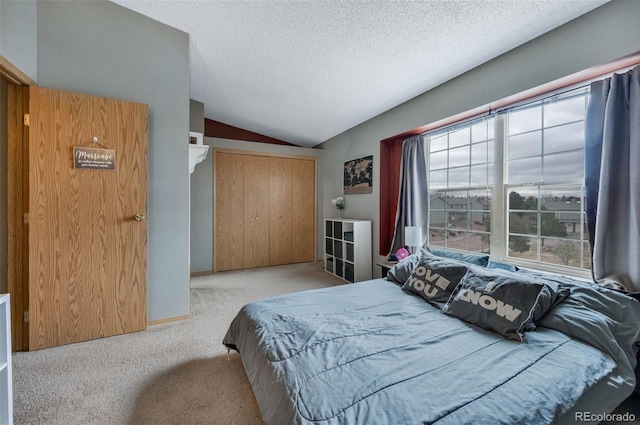 3831 Smoke Tree Dr, Colorado Springs, CO 80920 - carpeted bedroom with a textured ceiling, vaulted ceiling, and a closet