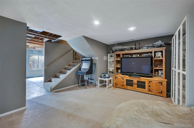 3831 Smoke Tree Dr, Colorado Springs, CO 80920 - carpeted living room with recessed lighting, baseboards, and stairs