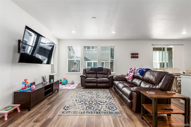 living room featuring recessed lighting and wood finished floors